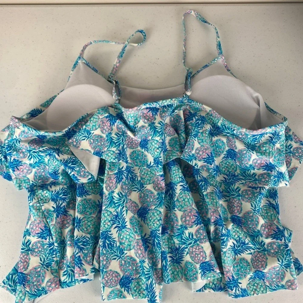 Simply Southern Tiered Tankini Swimsuit Top Blue‎ Pineapple Print Shorts Set XXL